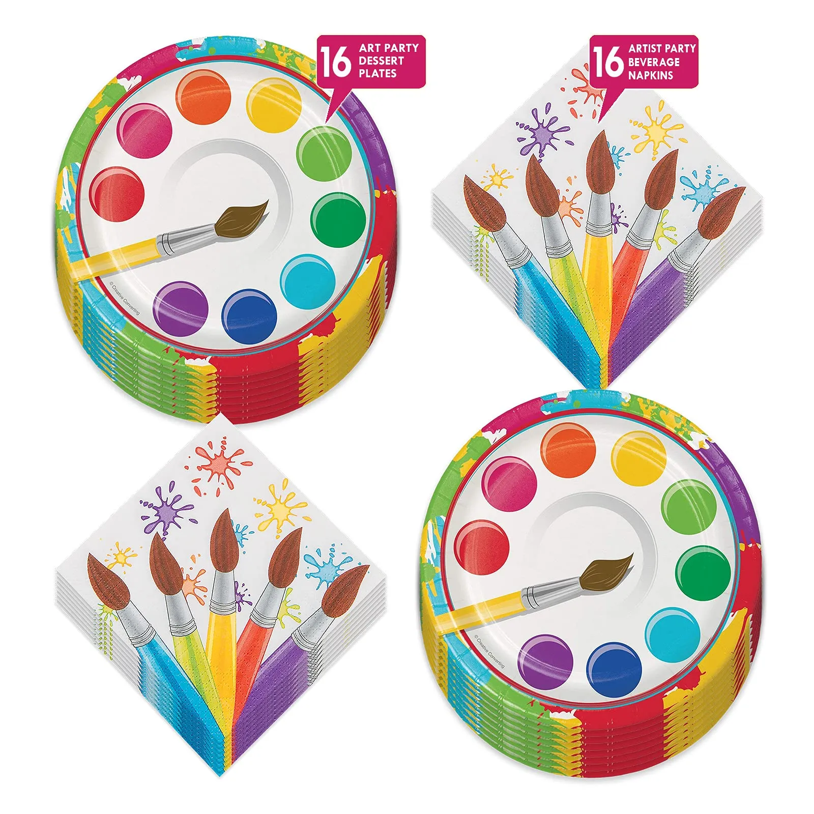 Art Party Artist Palette Paper Dessert Plates and Paintbrush Napkins (Serves 16)