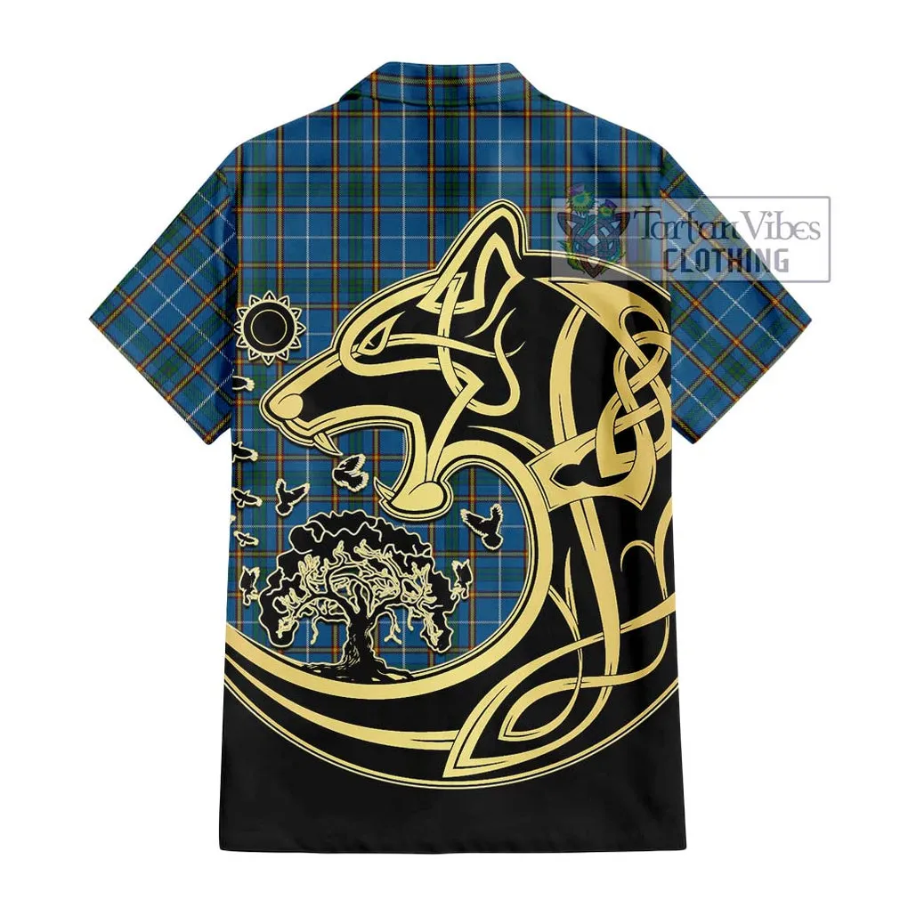 Bain Tartan Short Sleeve Button Shirt with Family Crest Celtic Wolf Style