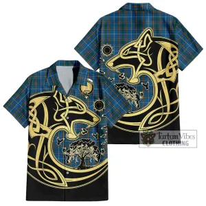Bain Tartan Short Sleeve Button Shirt with Family Crest Celtic Wolf Style