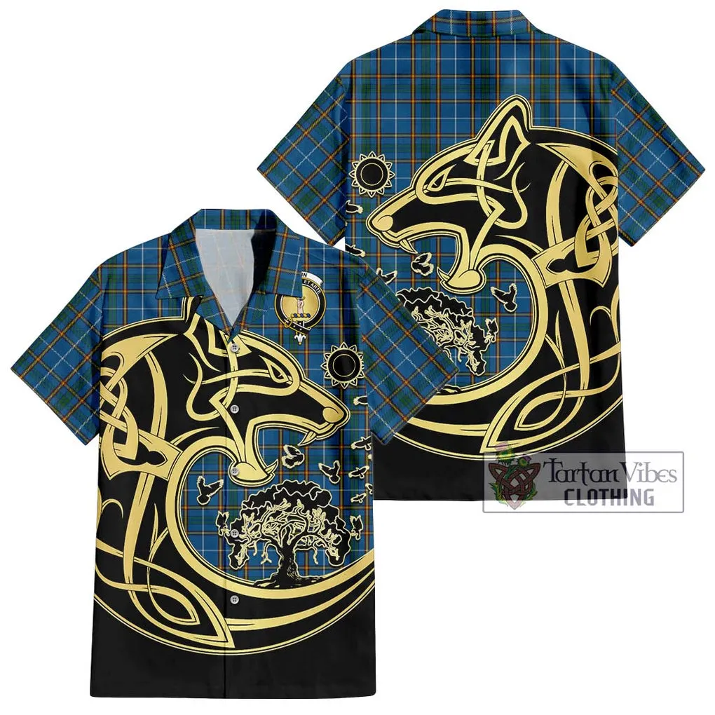 Bain Tartan Short Sleeve Button Shirt with Family Crest Celtic Wolf Style