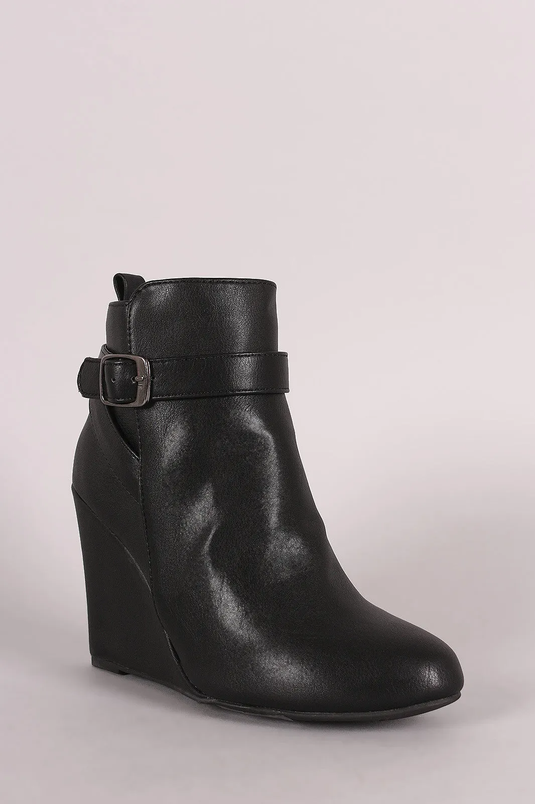 Bamboo Strappy Buckled Wedge Booties