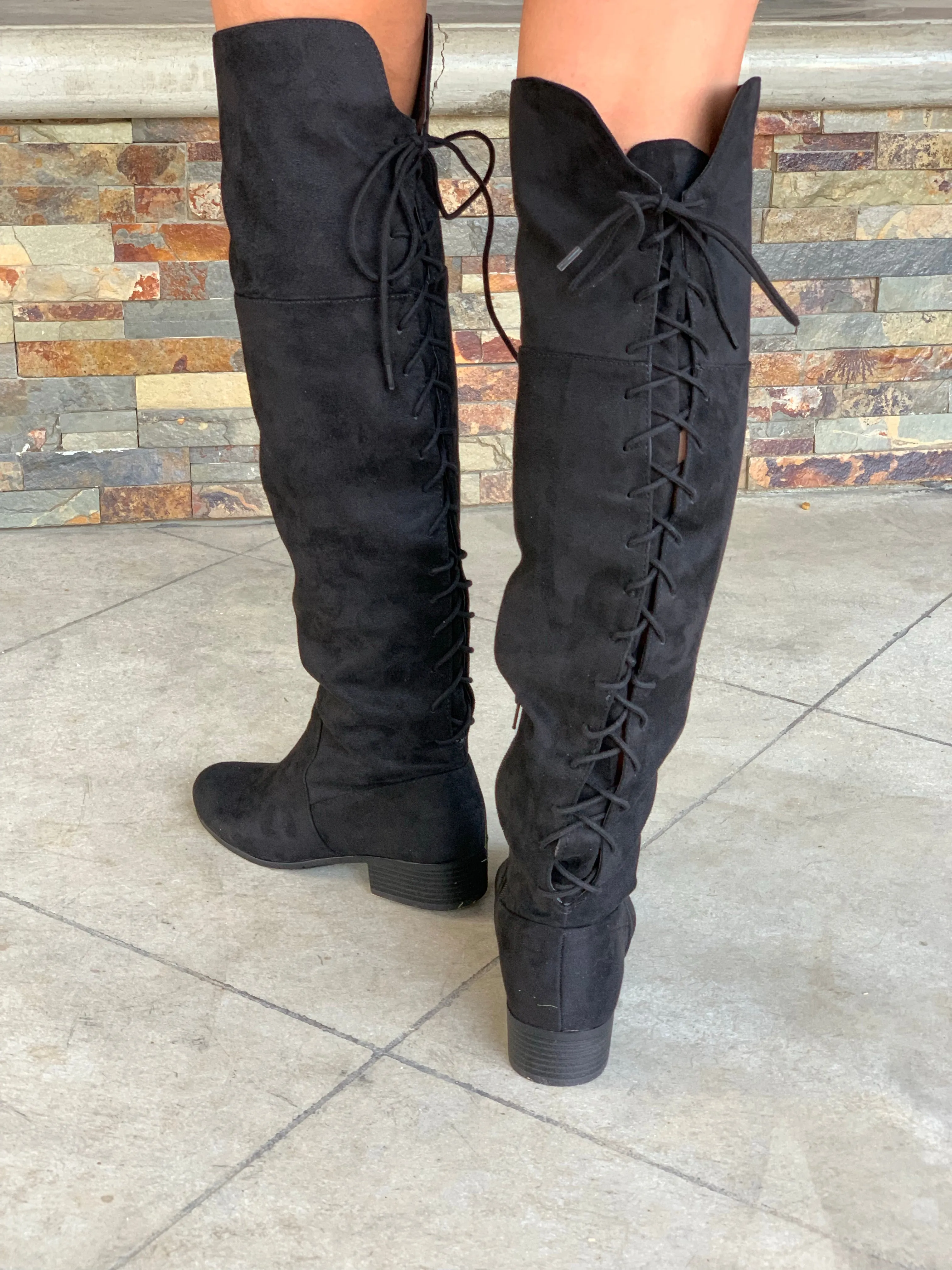 Barbra Lace Up Boots: Black Suede
