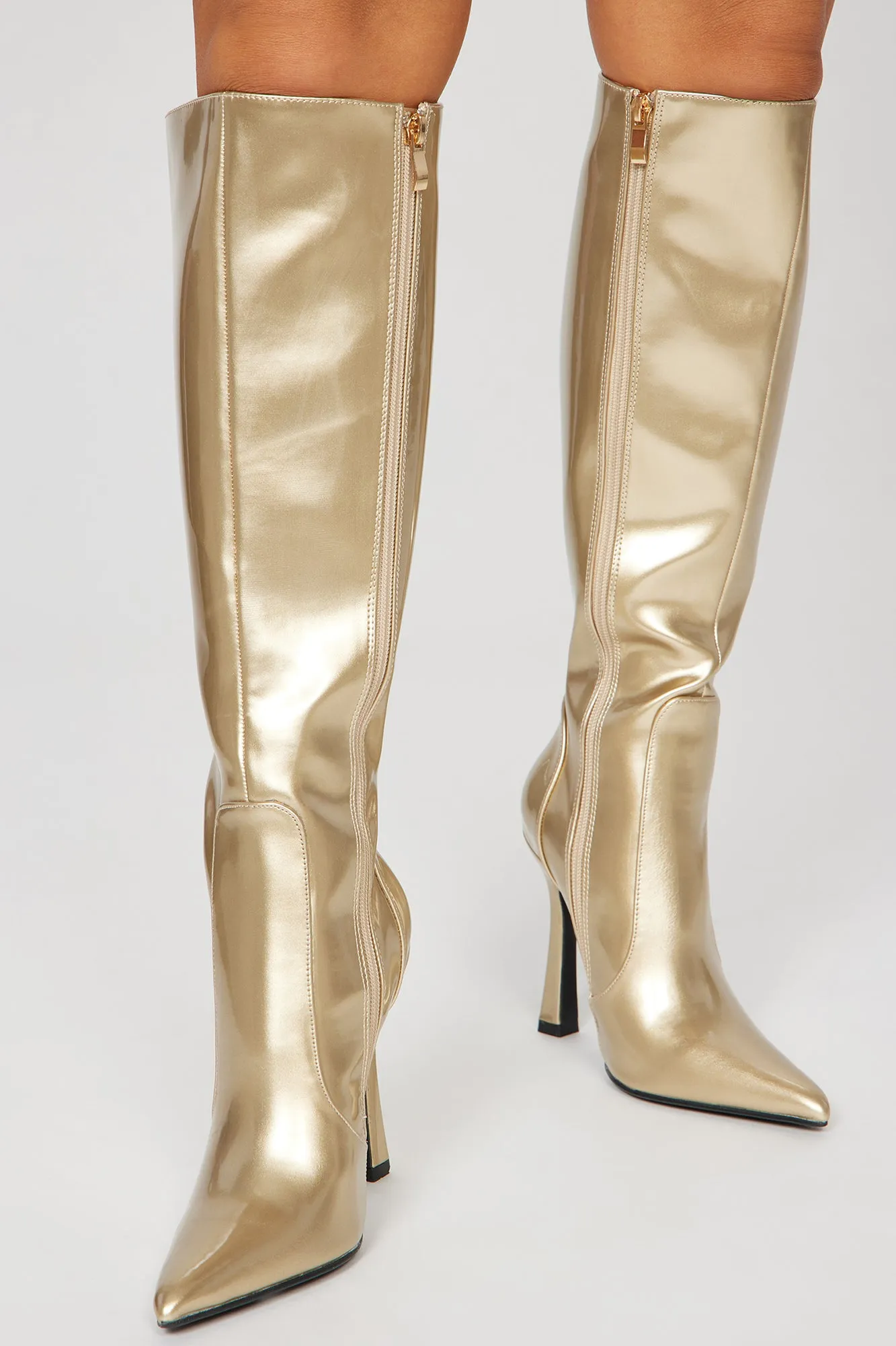 Big City Girl Knee High Heeled Boots - Gold