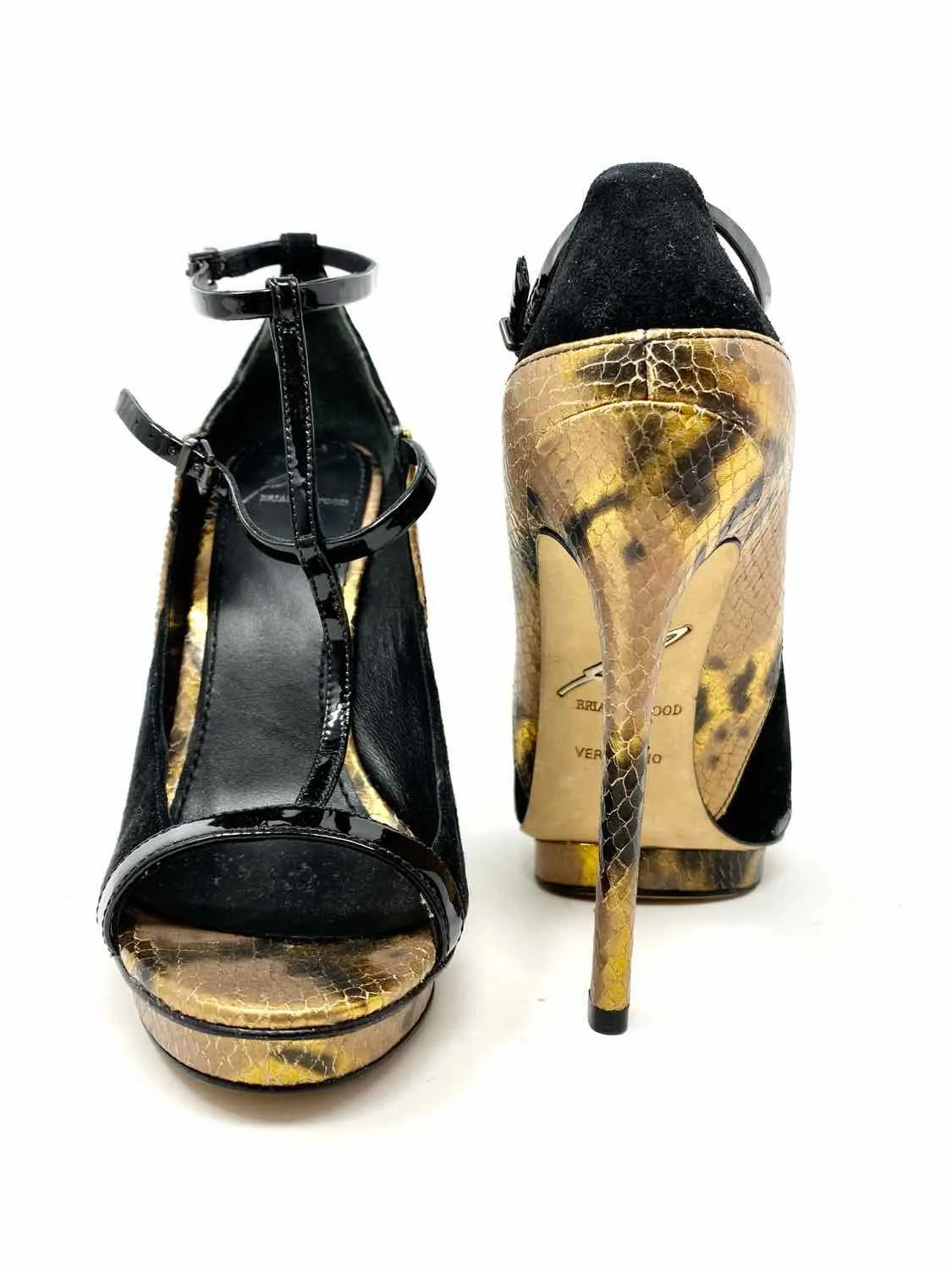 BRIAN ATWOOD Shoe Size 6 Black/Gold Heeled Snake Print Sandals