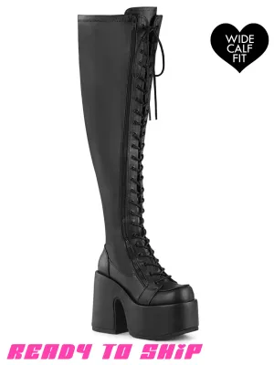 DEMONIA CAMEL 300 WIDE CALF PLATFORM BOOTS - BLACK VEGAN LEATHER