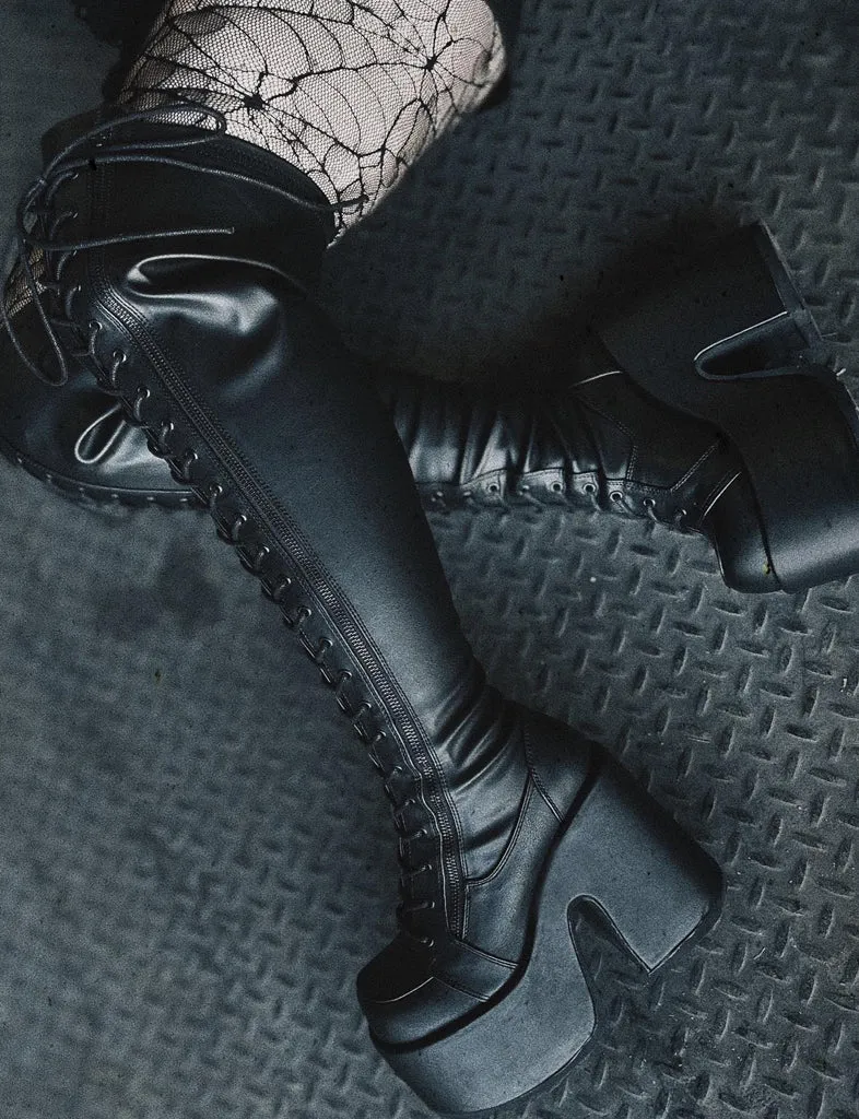 DEMONIA CAMEL 300 WIDE CALF PLATFORM BOOTS - BLACK VEGAN LEATHER