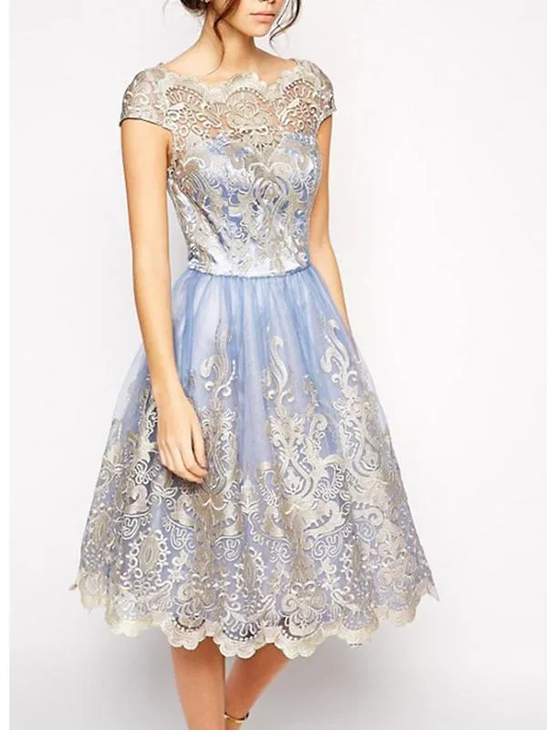 Elegant Lace Cap Sleeve Midi Dress Evening Dress