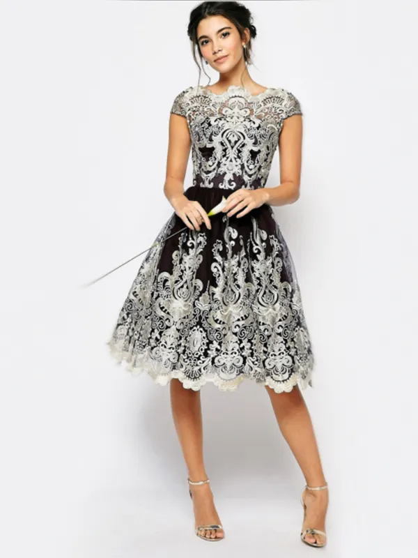 Elegant Lace Cap Sleeve Midi Dress Evening Dress