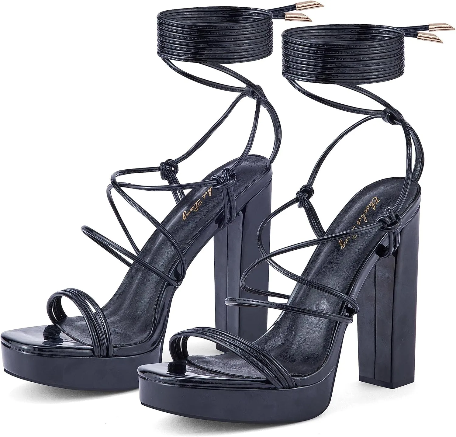 Elisabet Tang Women's Strappy Heeled Sandals, 5 inch Platform Heels Chunky Lace up High Heels Open Toe Party Shoes
