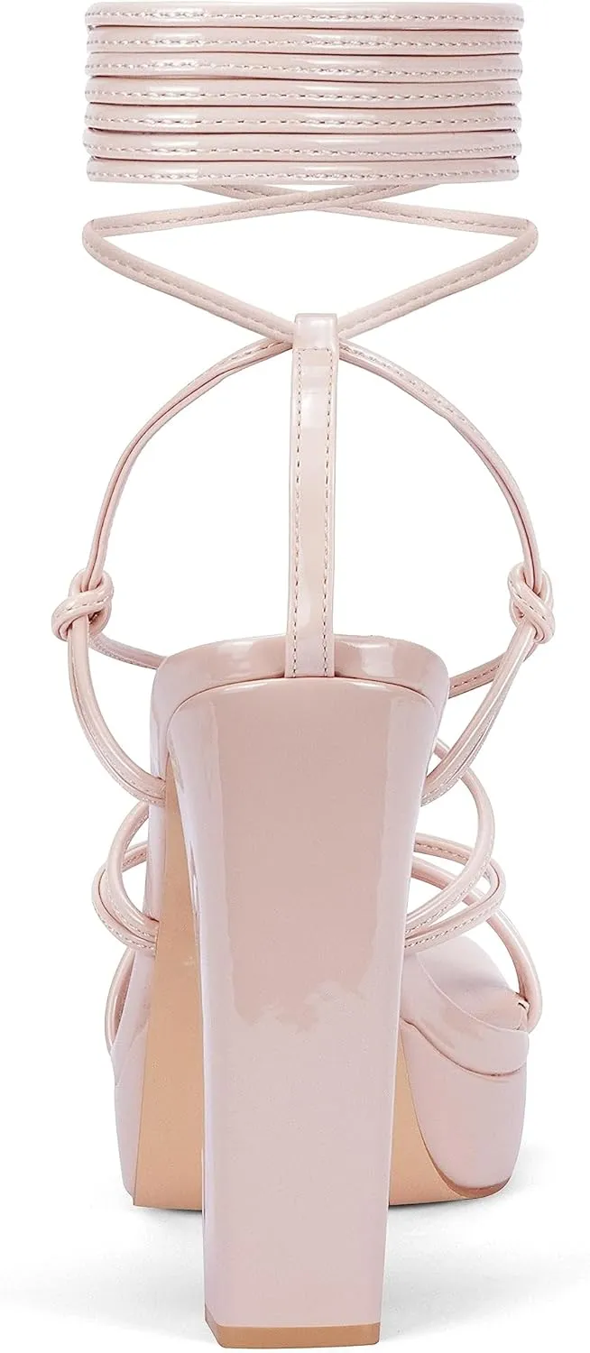 Elisabet Tang Women's Strappy Heeled Sandals, 5 inch Platform Heels Chunky Lace up High Heels Open Toe Party Shoes
