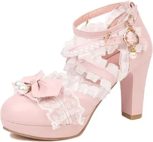 Kawii Shoes Bow Pearl Heels Lolita Platform Heels for Women Lace Cute Mary Janes Pumps