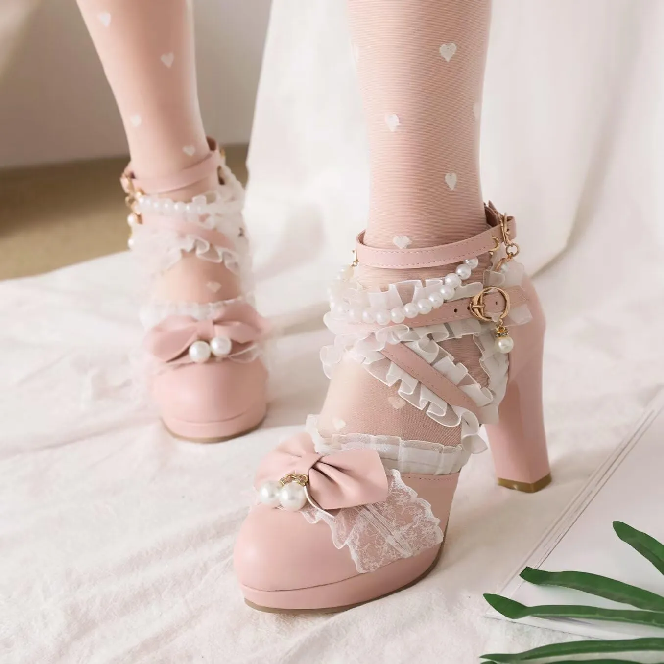 Kawii Shoes Bow Pearl Heels Lolita Platform Heels for Women Lace Cute Mary Janes Pumps