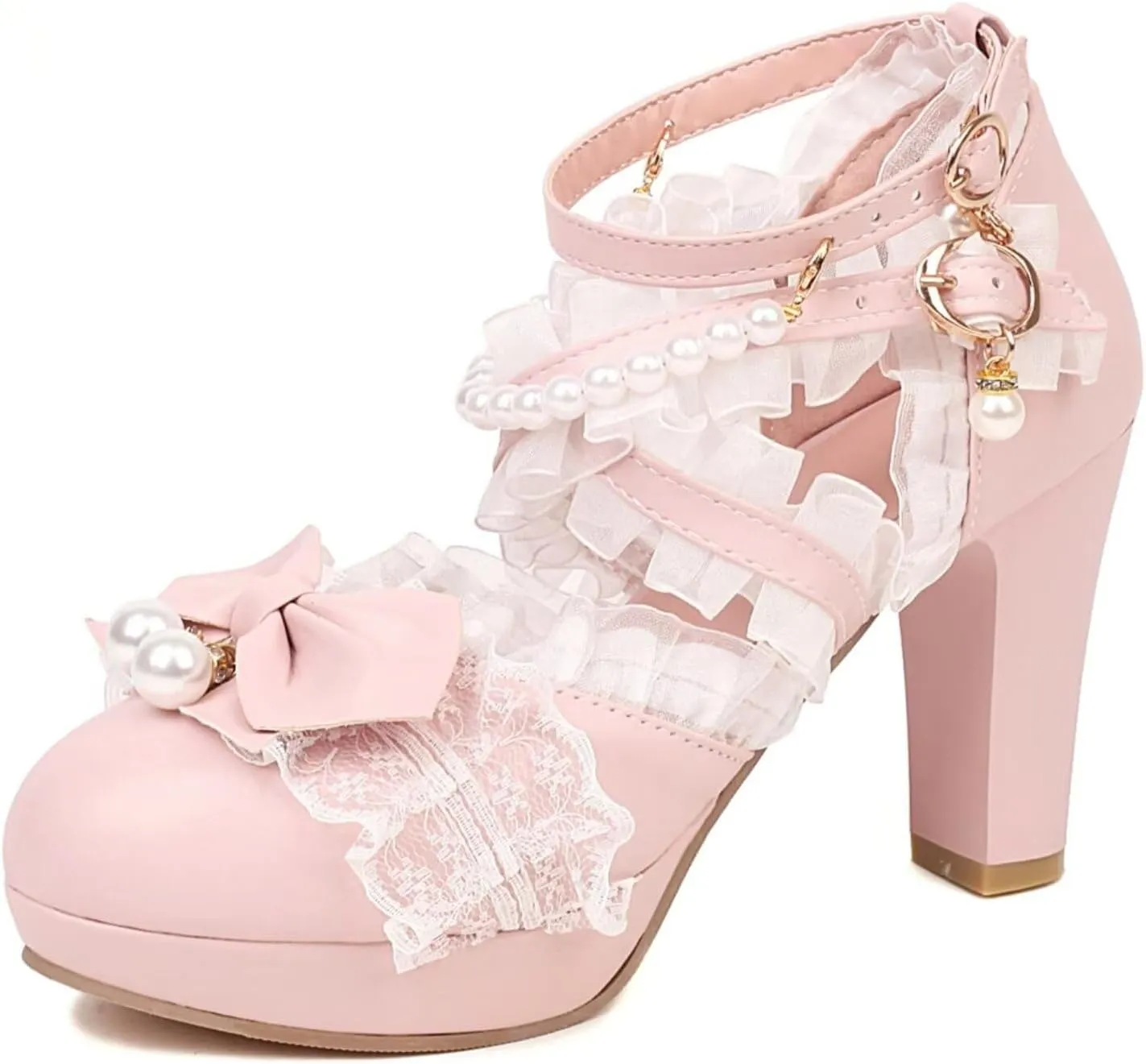 Kawii Shoes Bow Pearl Heels Lolita Platform Heels for Women Lace Cute Mary Janes Pumps