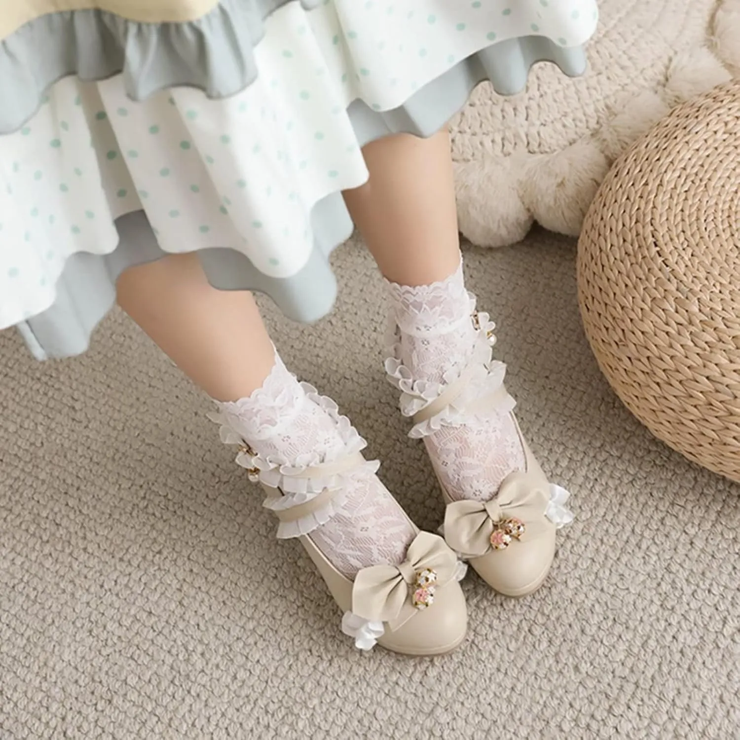 Kawii Shoes Bow Pearl Heels Lolita Platform Heels for Women Lace Cute Mary Janes Pumps
