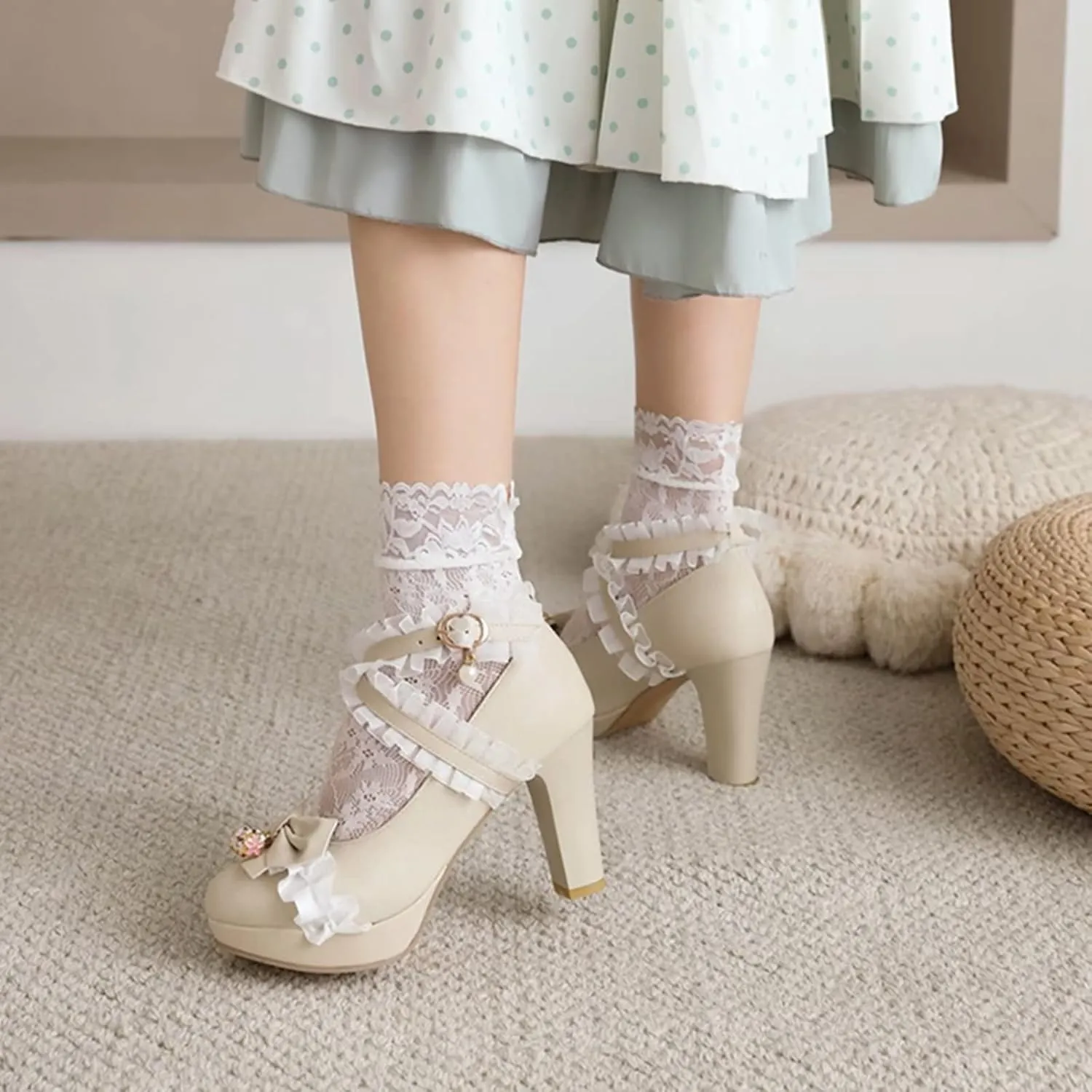 Kawii Shoes Bow Pearl Heels Lolita Platform Heels for Women Lace Cute Mary Janes Pumps