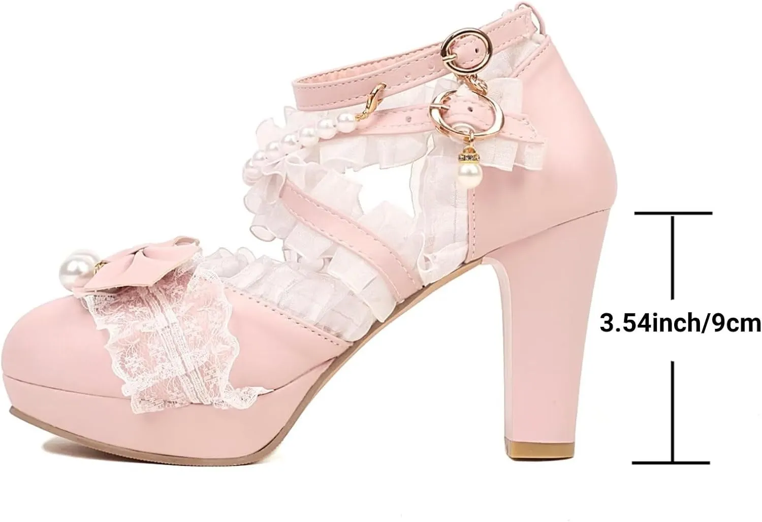 Kawii Shoes Bow Pearl Heels Lolita Platform Heels for Women Lace Cute Mary Janes Pumps