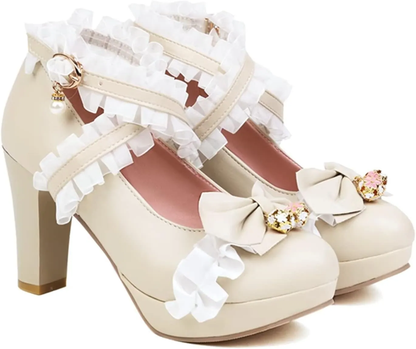 Kawii Shoes Bow Pearl Heels Lolita Platform Heels for Women Lace Cute Mary Janes Pumps