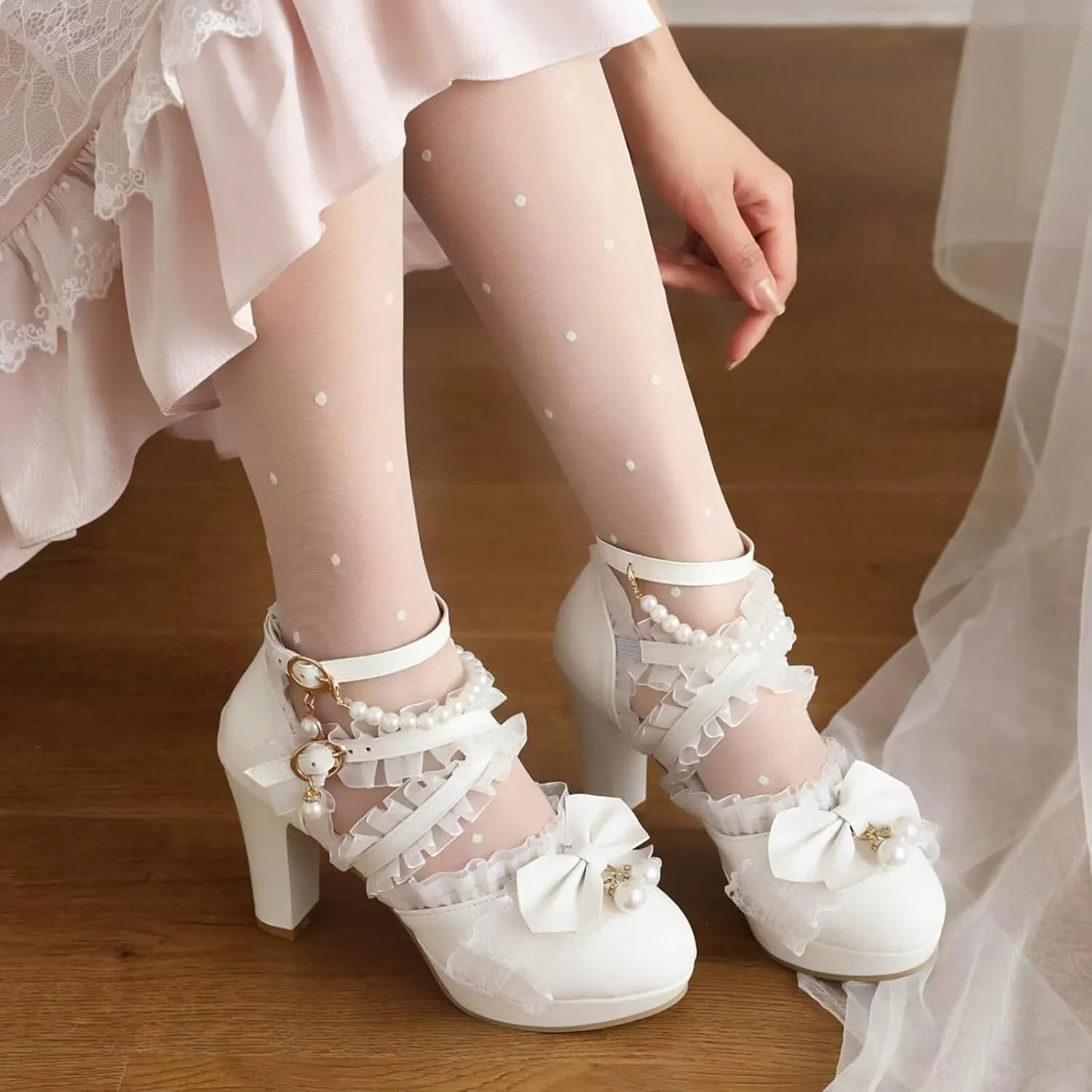 Kawii Shoes Bow Pearl Heels Lolita Platform Heels for Women Lace Cute Mary Janes Pumps