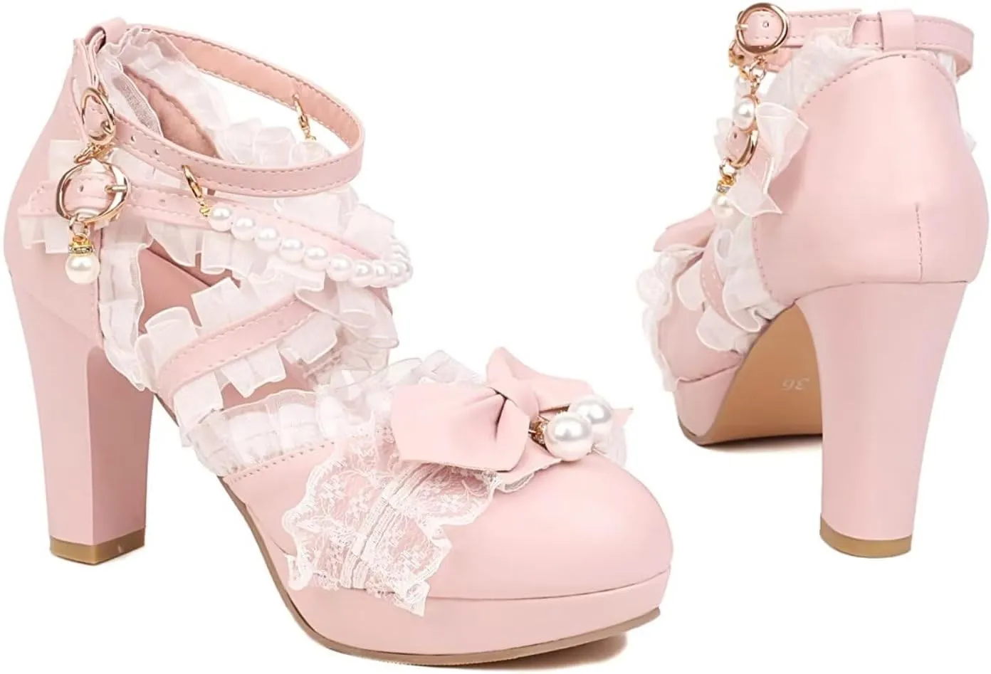 Kawii Shoes Bow Pearl Heels Lolita Platform Heels for Women Lace Cute Mary Janes Pumps