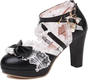 Kawii Shoes Bow Pearl Heels Lolita Platform Heels for Women Lace Cute Mary Janes Pumps