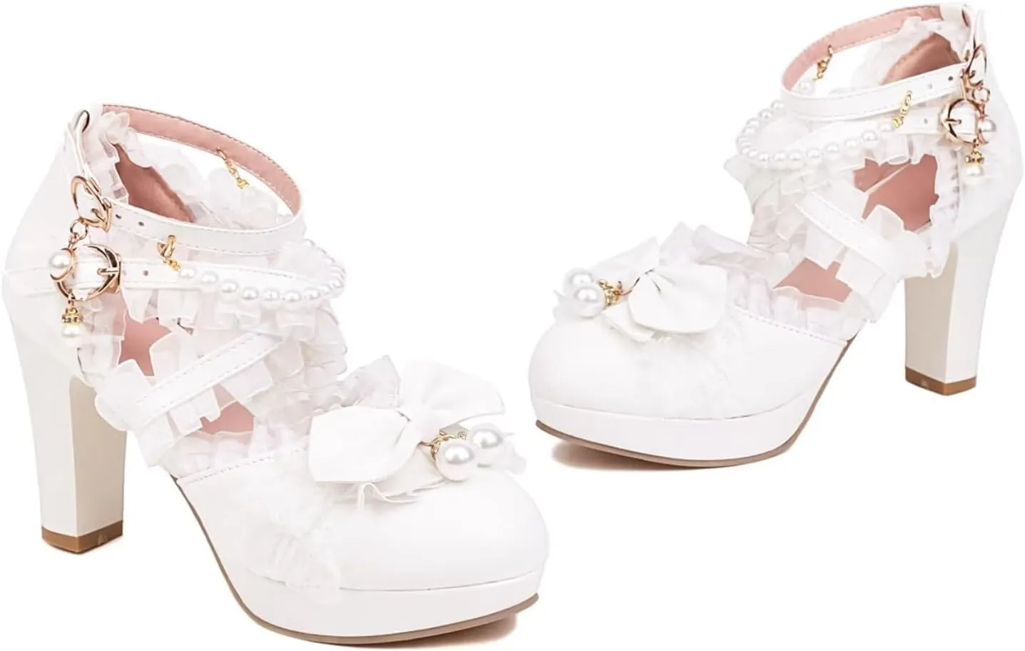 Kawii Shoes Bow Pearl Heels Lolita Platform Heels for Women Lace Cute Mary Janes Pumps