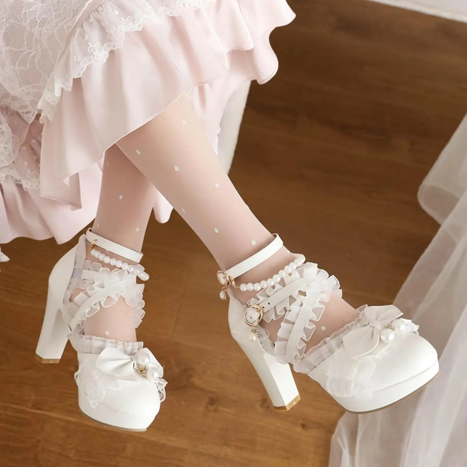 Kawii Shoes Bow Pearl Heels Lolita Platform Heels for Women Lace Cute Mary Janes Pumps