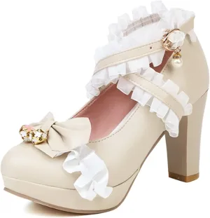 Kawii Shoes Bow Pearl Heels Lolita Platform Heels for Women Lace Cute Mary Janes Pumps