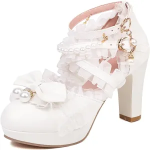 Kawii Shoes Bow Pearl Heels Lolita Platform Heels for Women Lace Cute Mary Janes Pumps