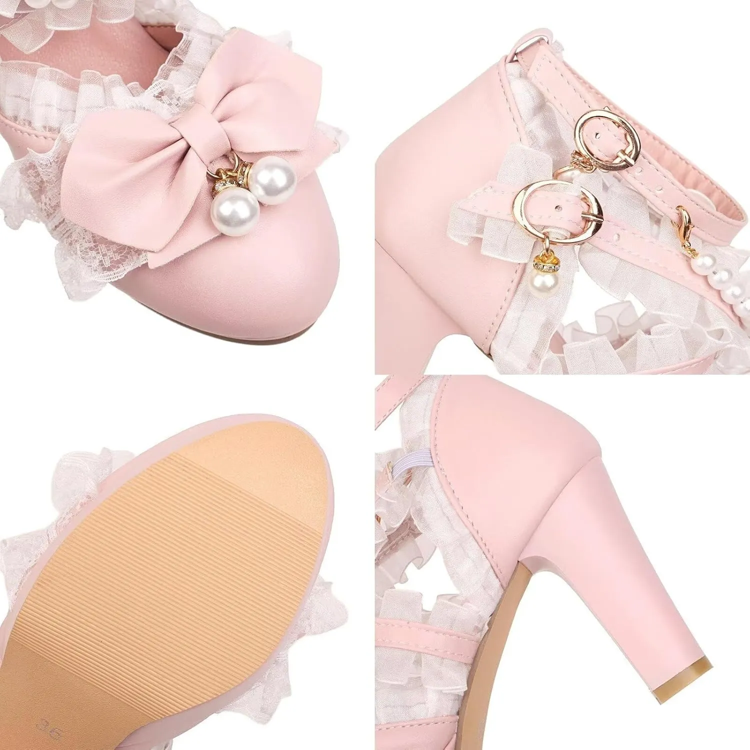 Kawii Shoes Bow Pearl Heels Lolita Platform Heels for Women Lace Cute Mary Janes Pumps