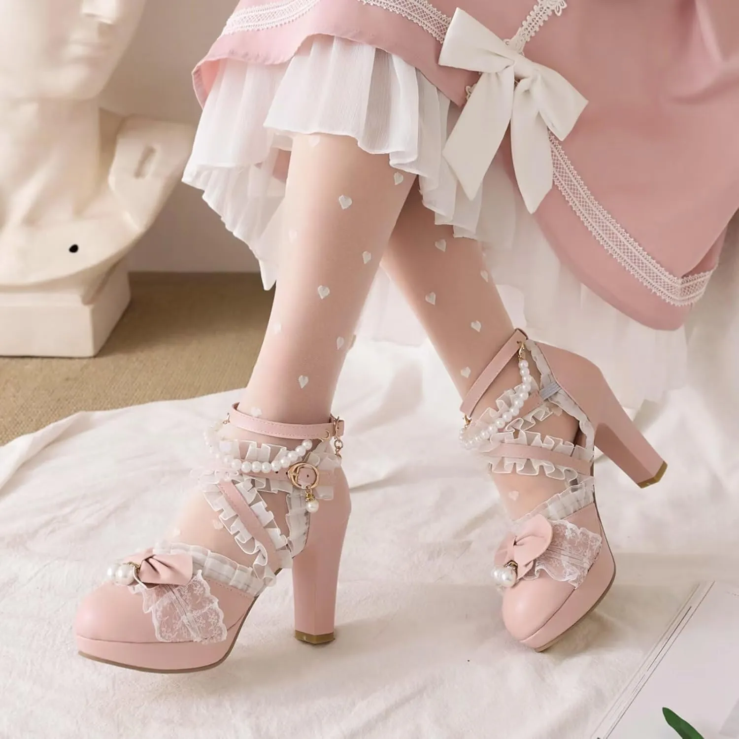 Kawii Shoes Bow Pearl Heels Lolita Platform Heels for Women Lace Cute Mary Janes Pumps