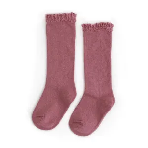 Lace Top Knee High Socks - Mauve Rose