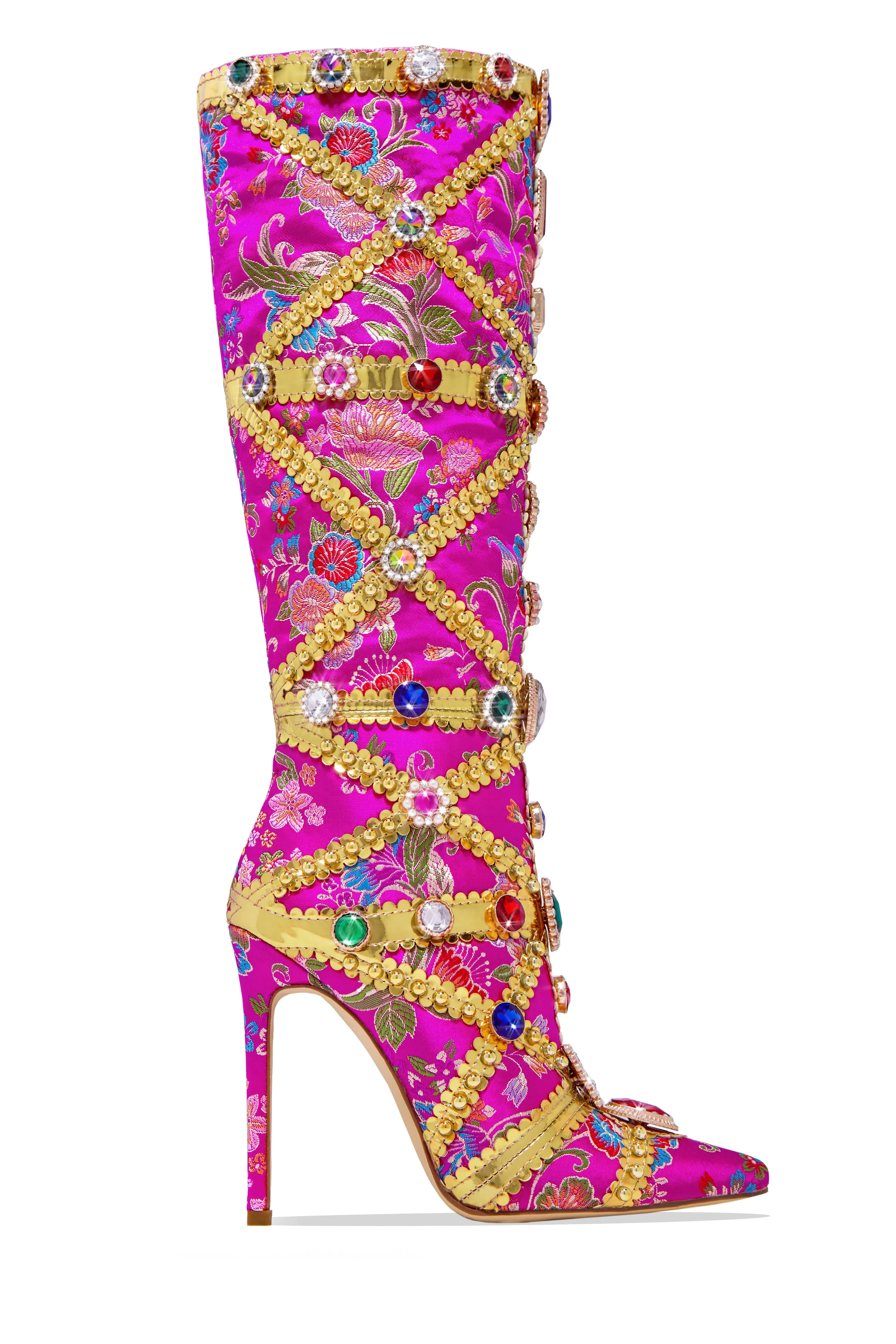 Masterpiece Embellished Knee High Heel Boots - Pink