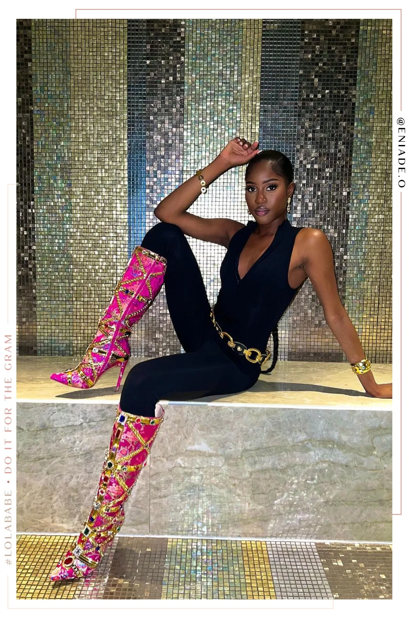 Masterpiece Embellished Knee High Heel Boots - Pink