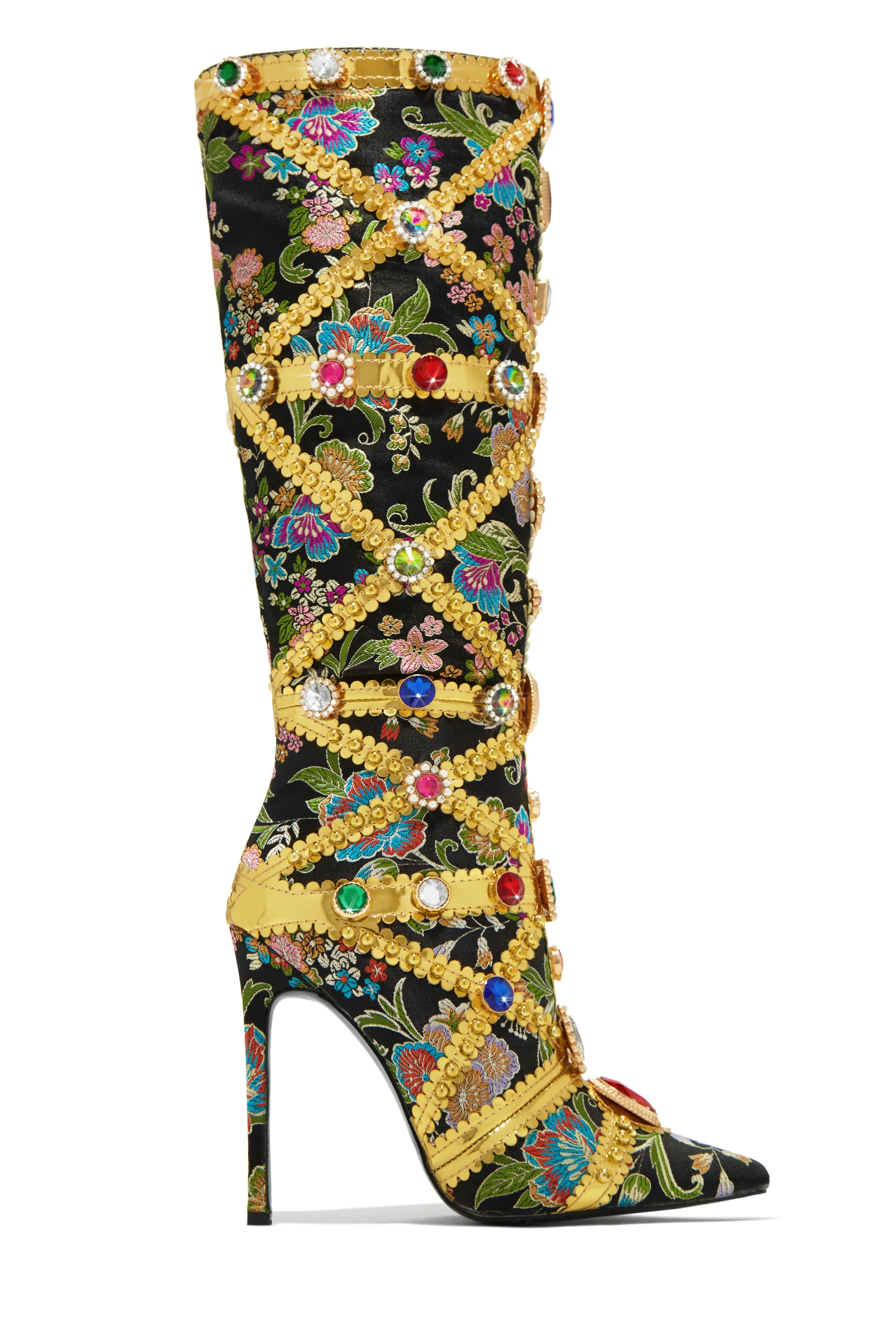 Masterpiece Embellished Knee High Heel Boots - Pink