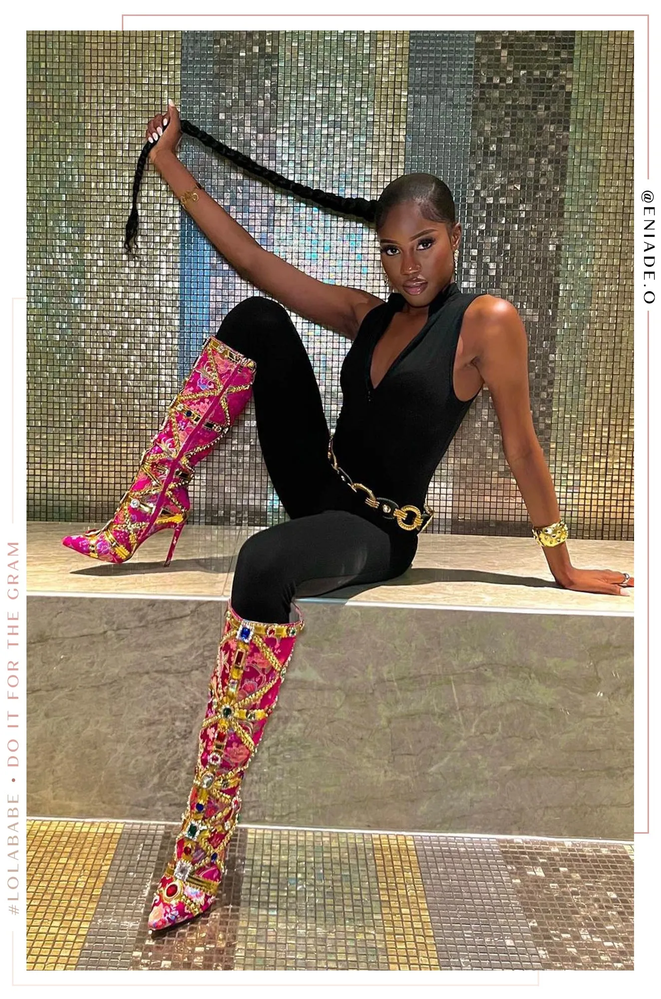 Masterpiece Embellished Knee High Heel Boots - Pink