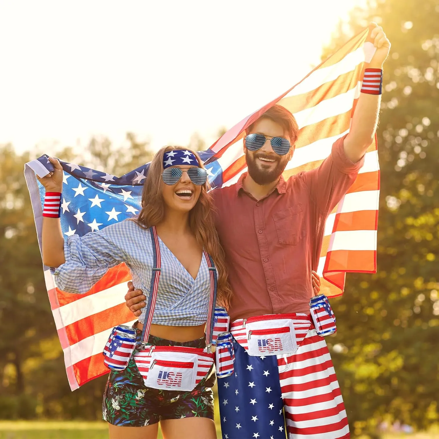 Mepase 4th of July Fanny Packs Patriotic Outfits Fanny Pack Beverage Beer Belt Holder Set Patriotic Accessories for Men(XL)