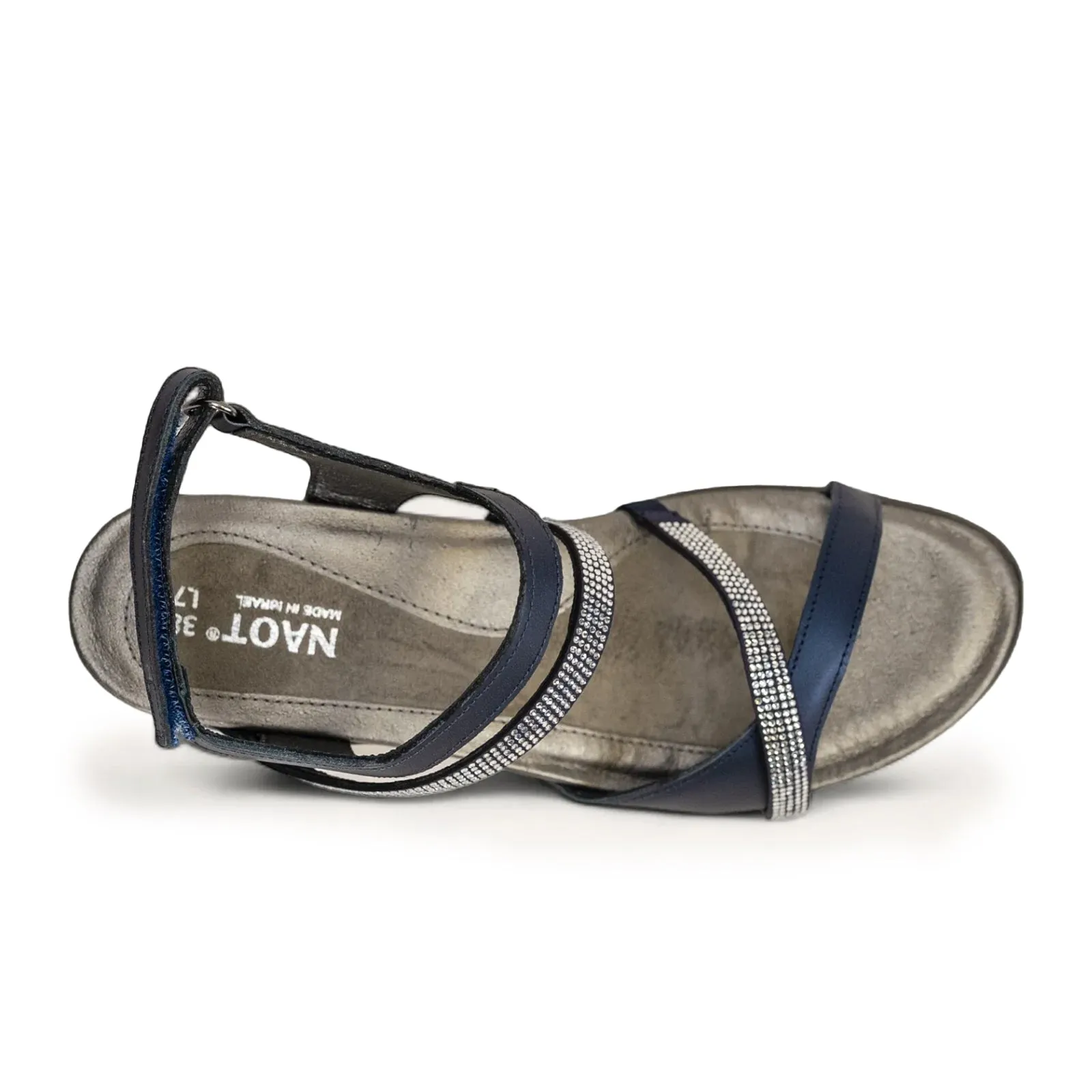 Naot Innovate Heeled Sandal (Women) - Polar Sea Leather/Navy/Clear Rhinestones