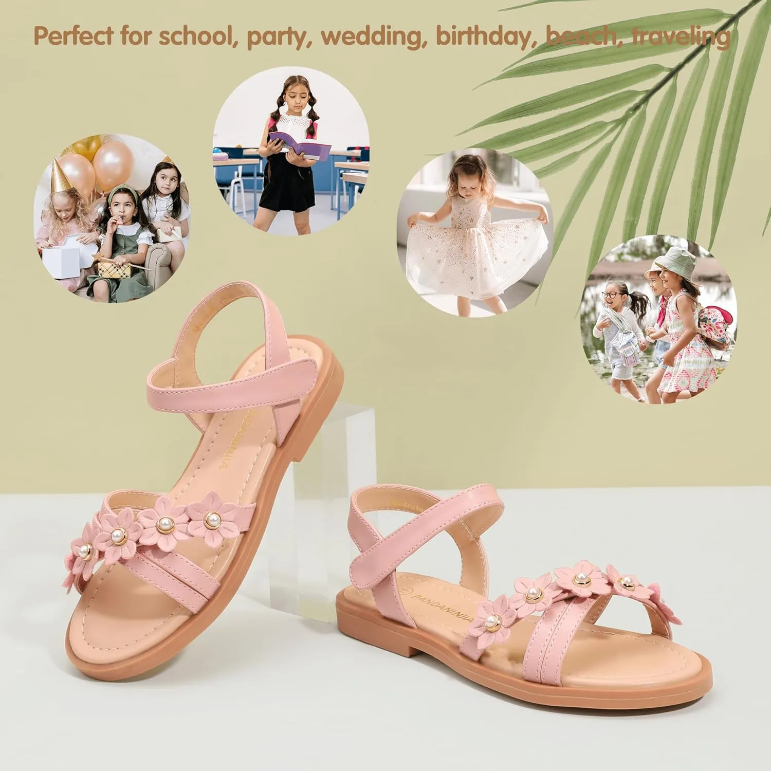 PANDANINJIA Girls Sandals Toddler Little Big Kids Kid Cute Open Toe Flats Dress Sandals Mona Summer Shoes