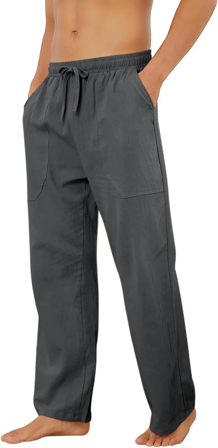Puimentiua Cotton Linen Pants Men Casual Loose Fit Elastic Drawstring Waist Summer Beach Pants
