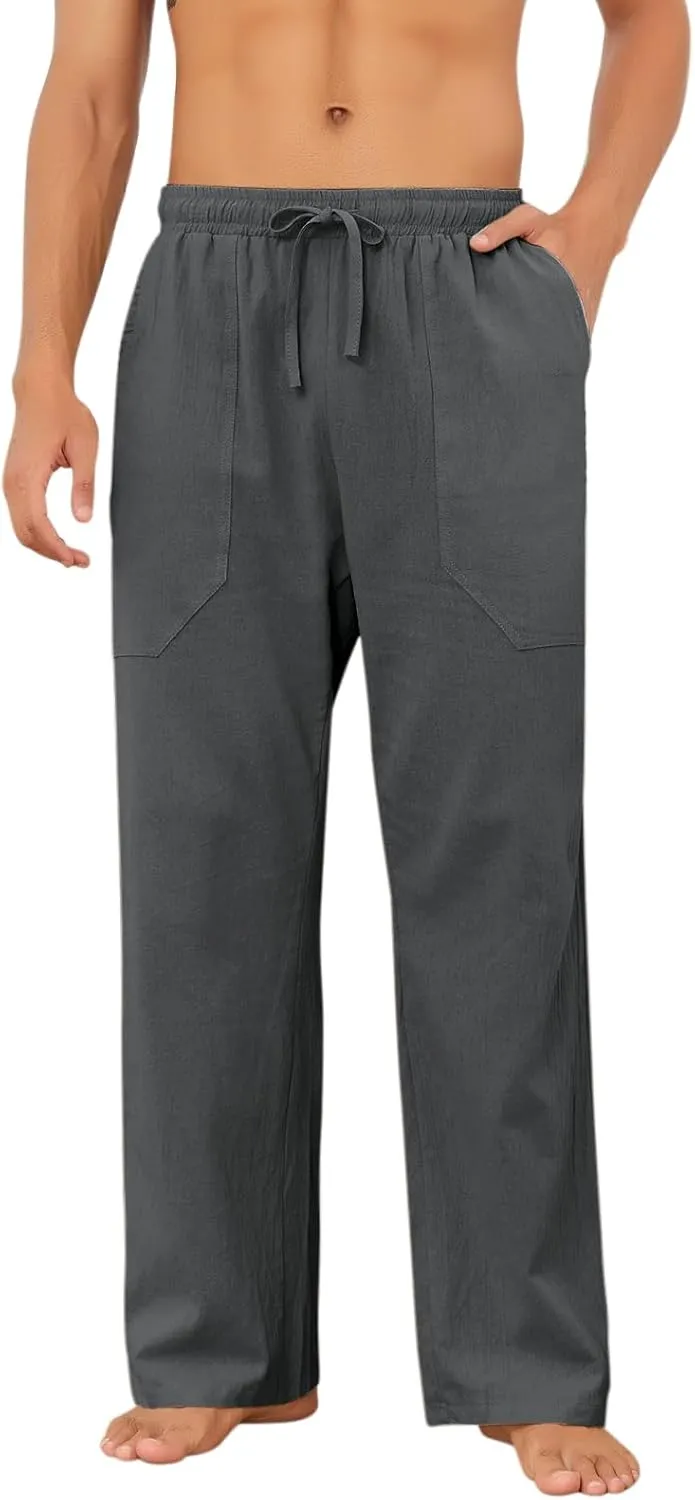 Puimentiua Cotton Linen Pants Men Casual Loose Fit Elastic Drawstring Waist Summer Beach Pants
