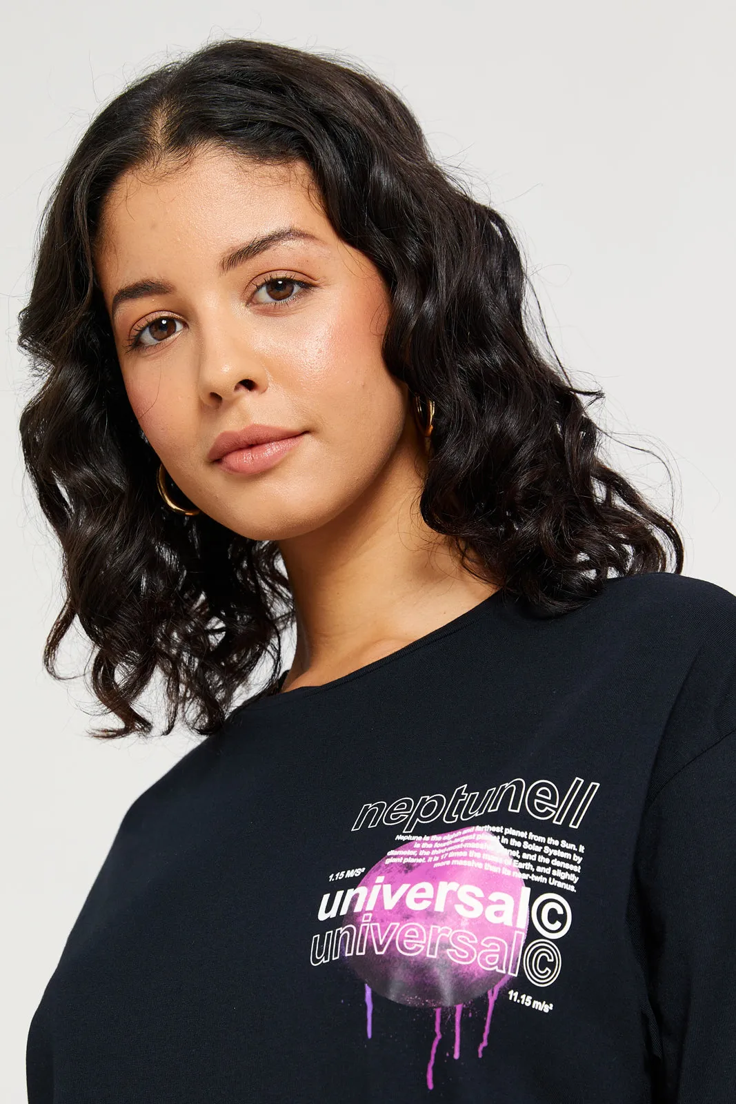 Women Black Universe Oversized Printed T-Shirt